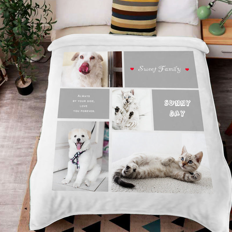 Sweet Family Custom Pet Photos Fleece Blanket with 4 Pet Pictures