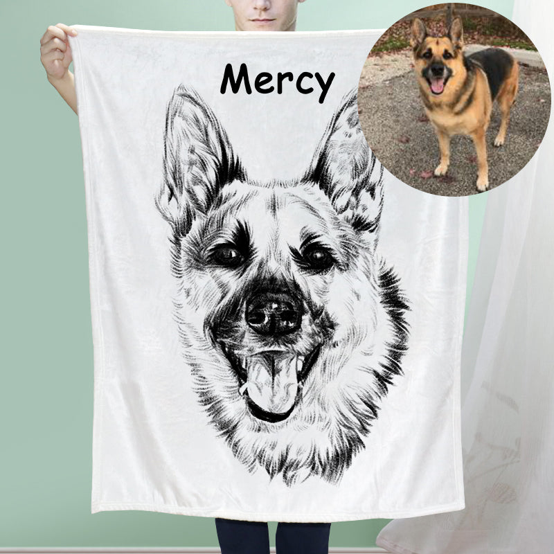 Custom Pet Sketch Portrait Art Fleece Blanket