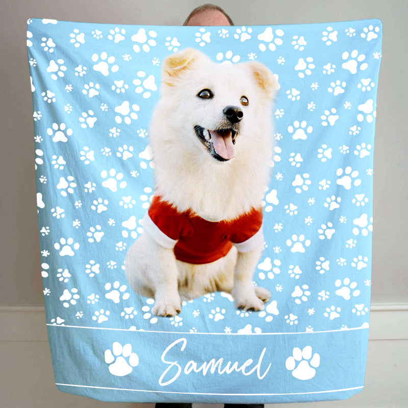 Paw Print Fleece Blanket Customized with Your Pet Photo and Name For Dogs, Cats