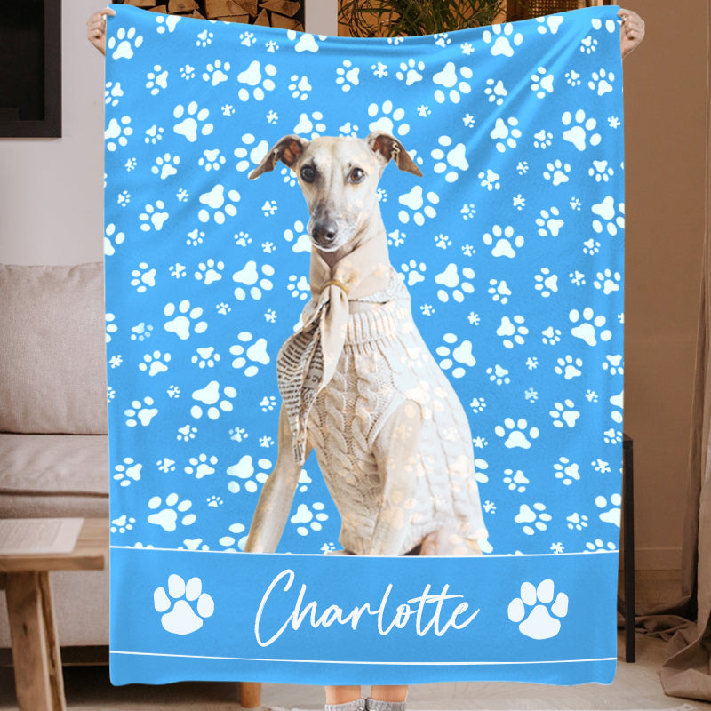 Paw Print Fleece Blanket Customized with Your Pet Photo and Name For Dogs, Cats