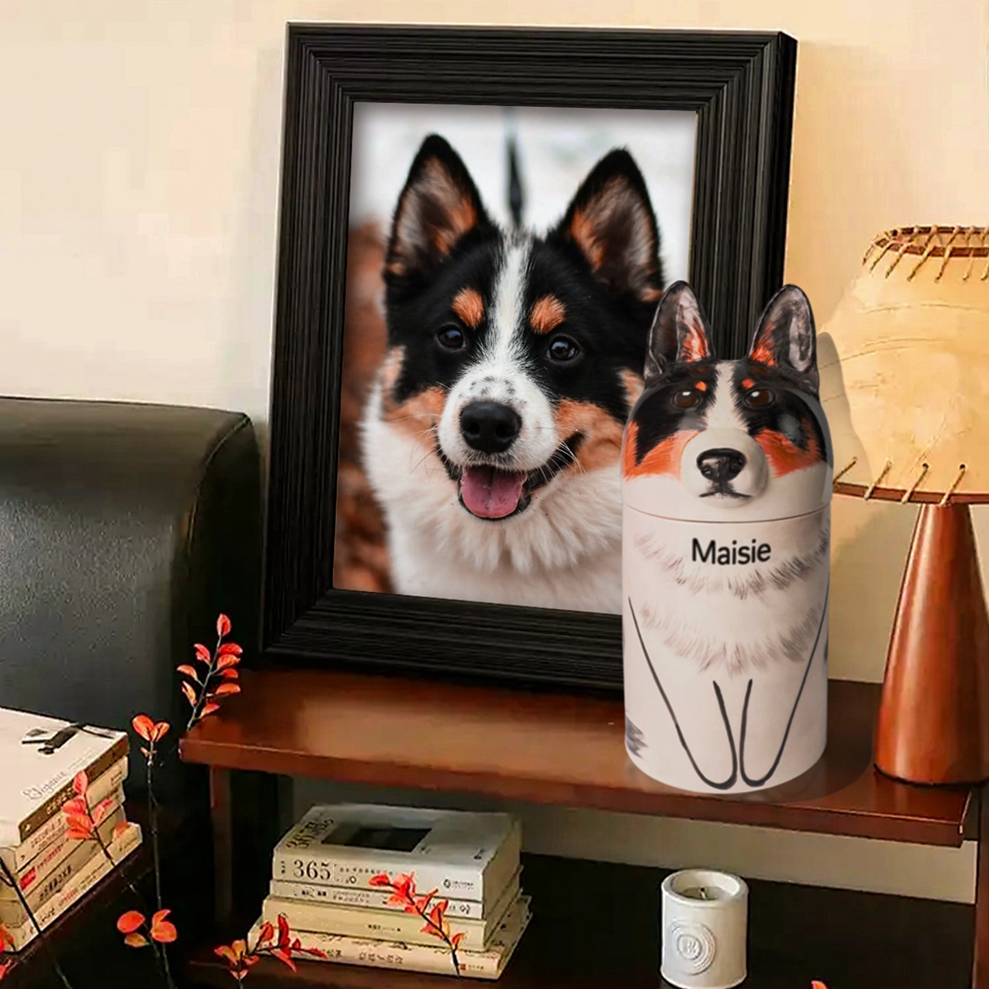 Engraved dog urn for ashes, personalized with a pet’s name for a loving tribute.