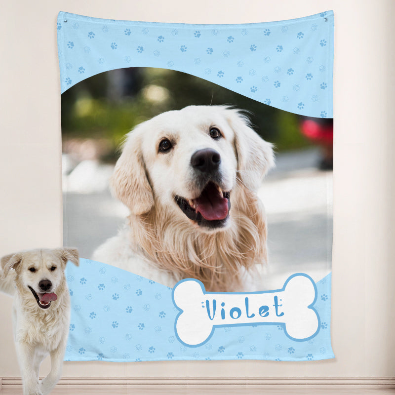 Paw Print Dog Blanket Personalized with Name Engraved, Custom Blanket with Pictures