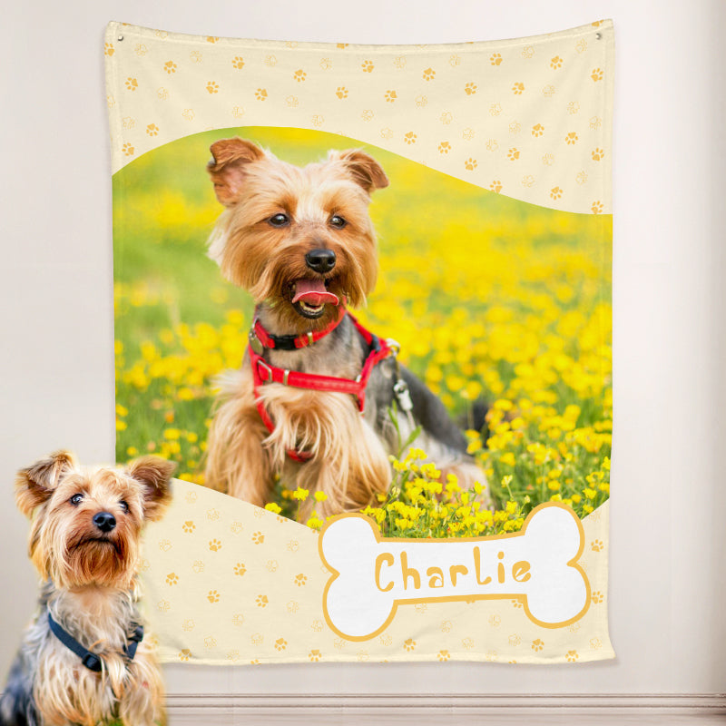 Paw Print Dog Blanket Personalized with Name Engraved, Custom Blanket with Pictures