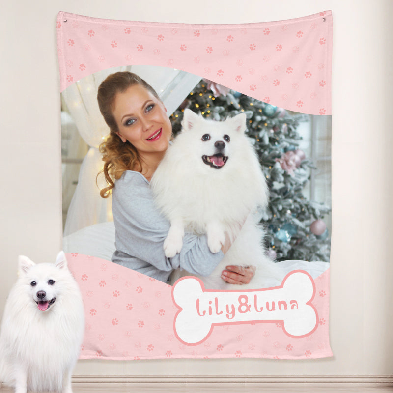 Paw Print Dog Blanket Personalized with Name Engraved, Custom Blanket with Pictures