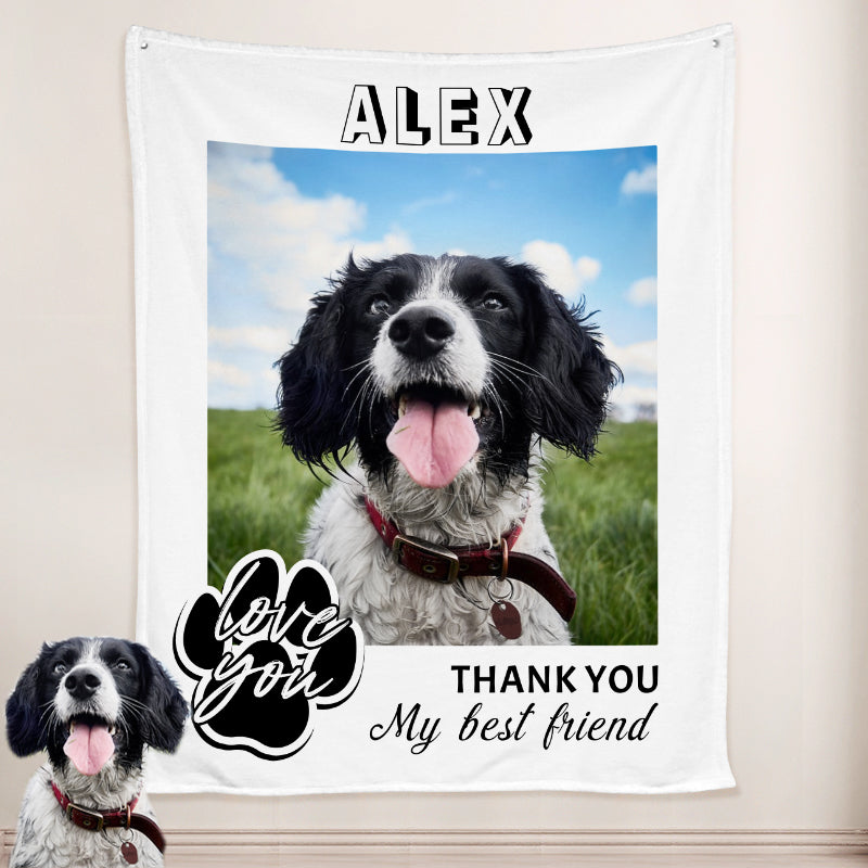 Paw Print Dog Blanket Personalized with Name Engraved, Custom Blanket with Pictures