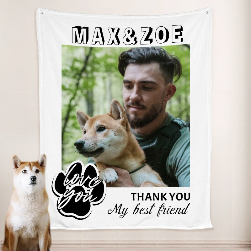 Paw Print Dog Blanket Personalized with Name Engraved, Custom Blanket with Pictures