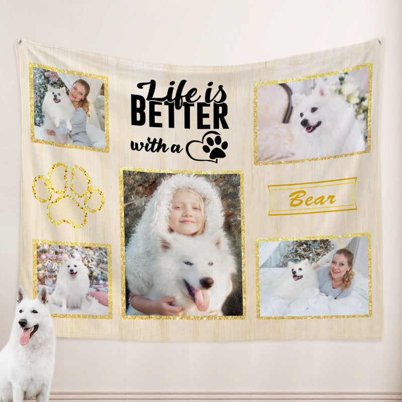 Personalized Dog Blankets with Pictures of the Pet, Custom Paw Print Dog Blanket with Name