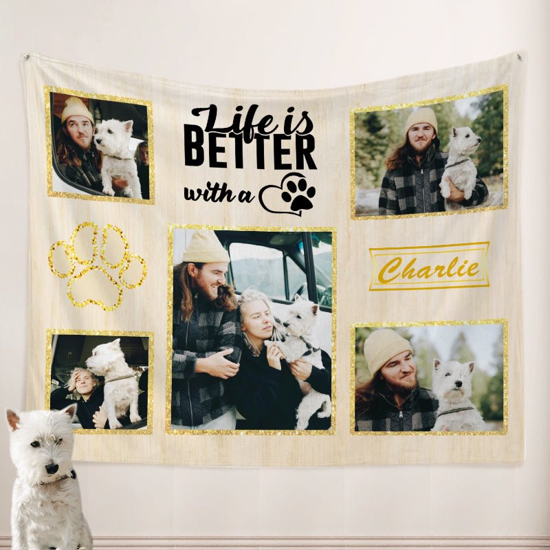 Personalized Dog Blankets with Pictures of the Pet, Custom Paw Print Dog Blanket with Name