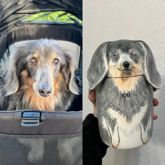 Customized ceramic pet urn with 1-to-1 photo portrait, perfect for memorializing your beloved pet